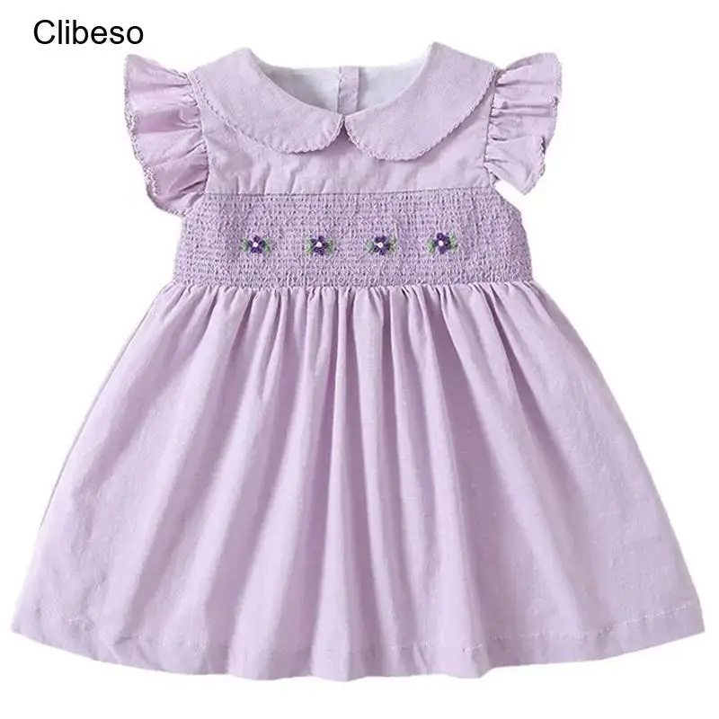 

High-End Boutique Baby Girl Summer Smocking Dress Hand-Embroidered Flower Purple Princess Dresses Cotton Flying Sleeve Outfits