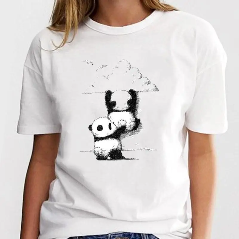 Cute Panda Print Short Sleeve Women Tee European American Short Sleeve Crew Neck Aesthetic Graphic Stylish Minimalist Women Tee