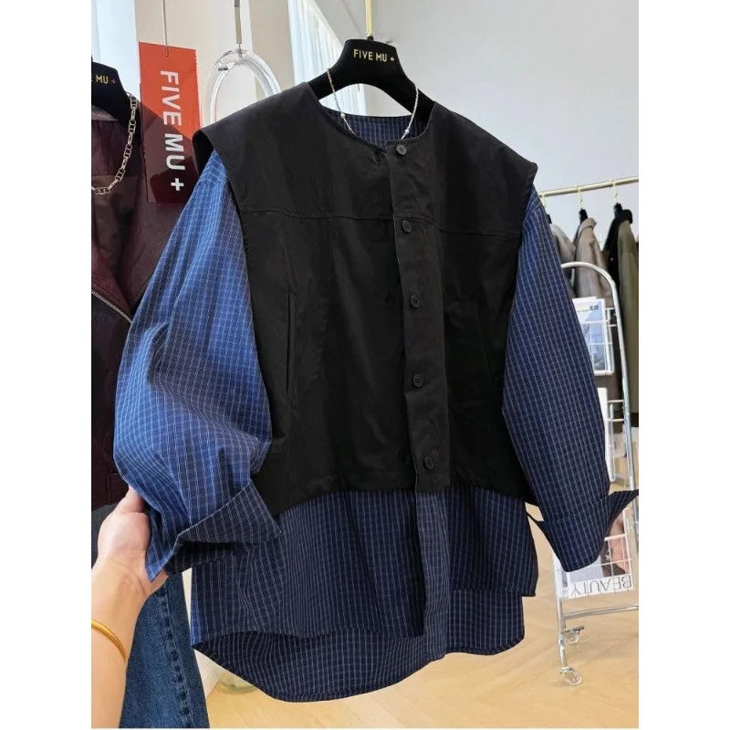 

Korean Retro Blue Plaid Shirt for Women Autumn New Loose Casual Lazy Style Long-sleeved Cardigan