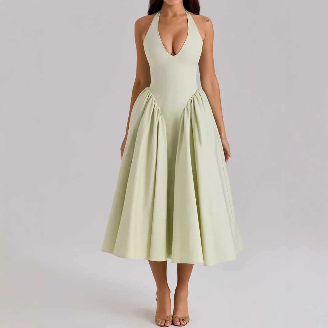 

Sexy deep V neck long slim backless dress fashionable simple temperament elegant versatile high-end vacation style party dress