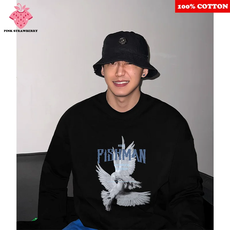 

American Peace Dove Print T-shirt Men Autumn Winter 2025 New 100% Cotton Black long sleeved T-shirt Loose Y2k Top men clothing