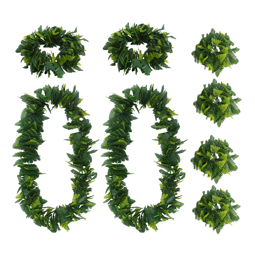 2Sets Hawaiian Artificial Green Leaf Garland Realistic Fabric Headband Necklace Bracelet for Tropical Luau Beach Pool Dance view 4