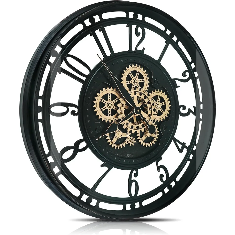 Real Moving Gears Wall Clock Large Modern Metal Clocks for Living Room Decor, Industrial Steampunk Unique Vintage Rustic