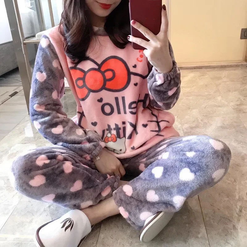 

Anime Sanrio Fall Winter Pajamas HelloKitty Pochacco Cartoon Flannel Warm Kawaii Crew Neck Cute Loungewear Set Christmas Gift