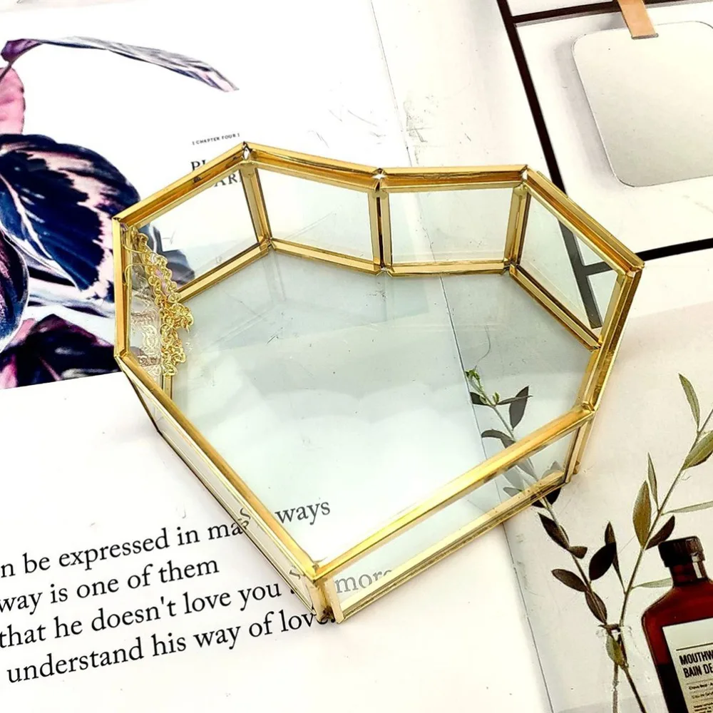 Compact Glass Jewelry Box Geometric Heart Shaped Ring Box With Lid Clear Desktop Organizer Desktop