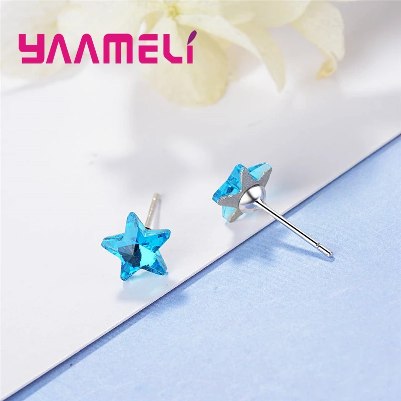 Simple Design Blue Star Shape Stud Earrings For Women Females 925 Sterling Silver Needles Fashion Casual Party Wedding Present