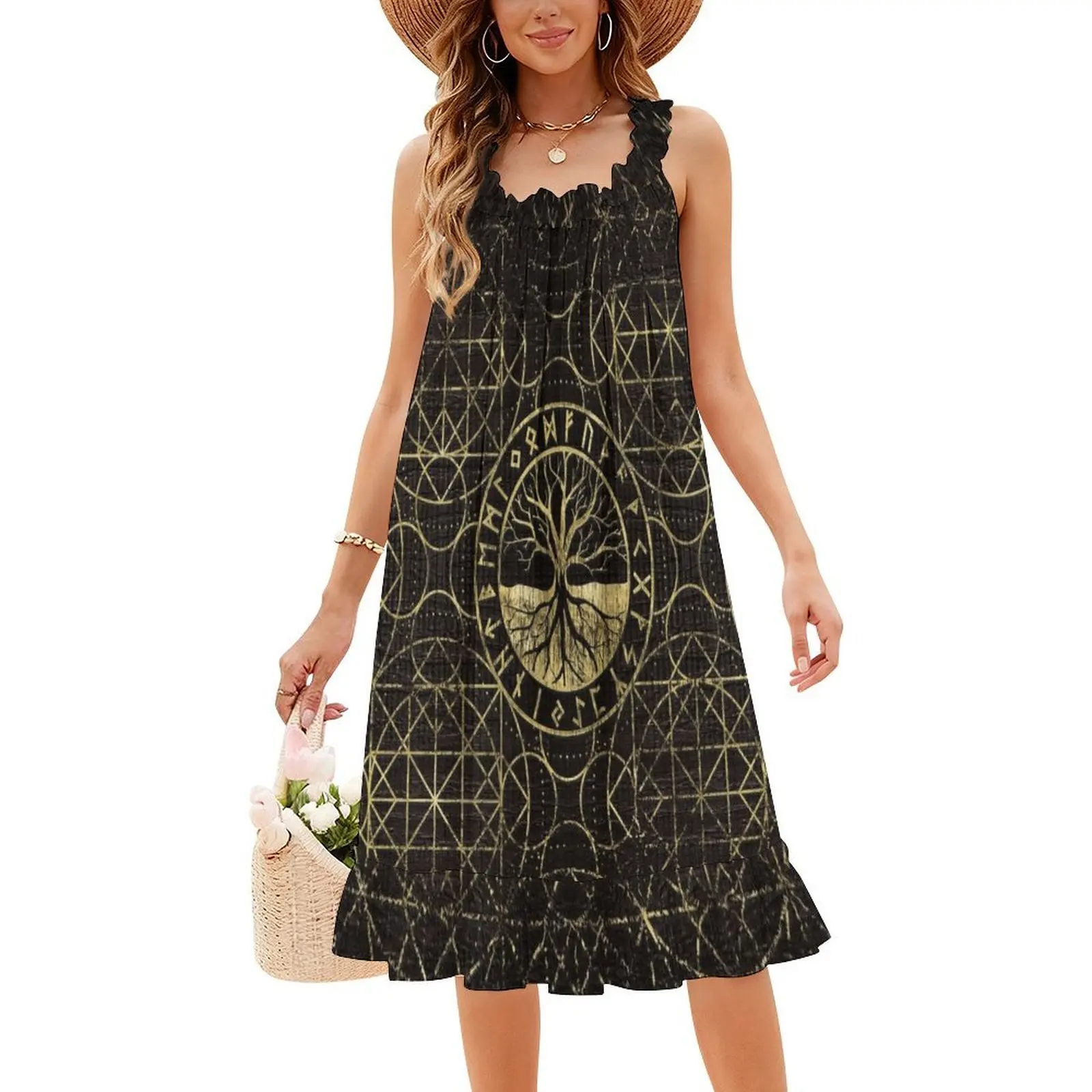 فستان بوهيمي عتيق من Tree Of Life-Yggdrasil and Runes بأكمام منتفخة أو خيارات بدون أكمام للنساء فستان شجرة الحياة #4