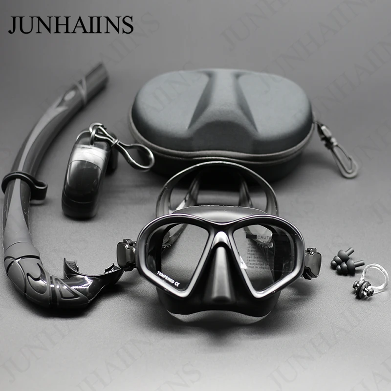 JUNHAIINS Tempered Glass Freediving Mask Snorkeling Set Foldable snorkel J-type Diving Mask with Camera Mount