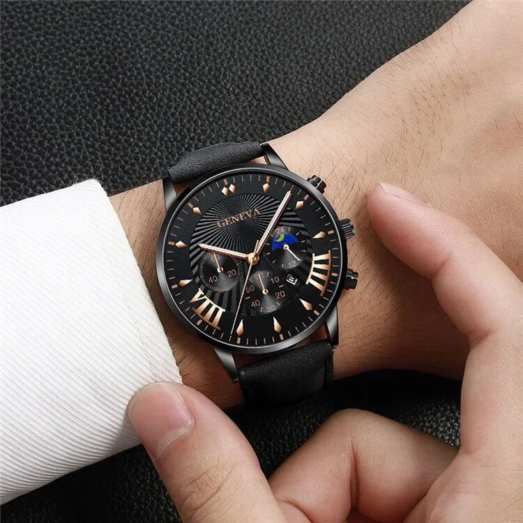 Montres à quartz pour hommes d'affaires, montres-bracelets de luxe, bracelet en cuir noir, montre décontractée pour hommes, grand cadran rond, 2 pièces, nouveau