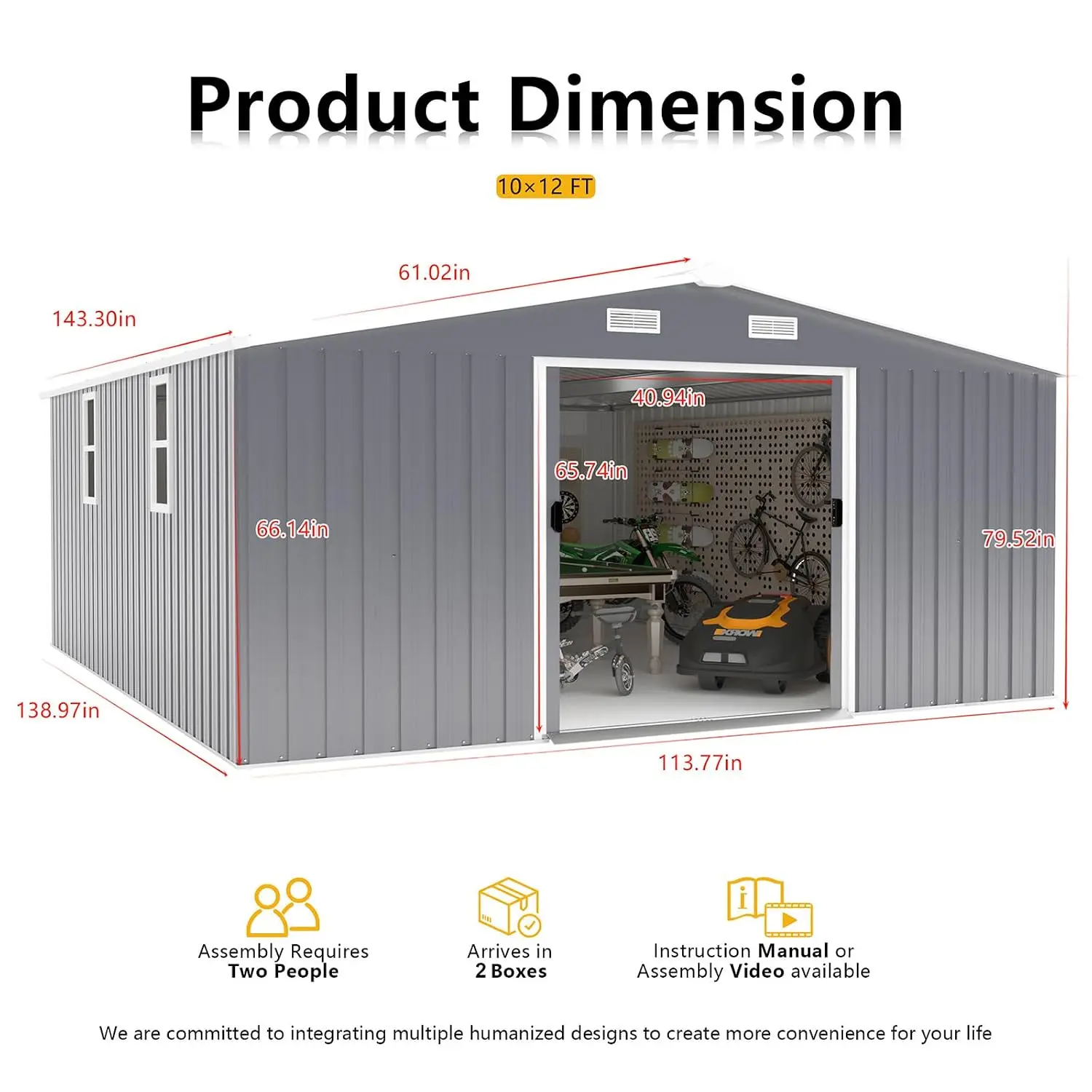 12x10 FT Large Outdoor Storage Shed Metal Tool Building Updated Frame Structure Backyard Garden Lawn Patio, Customized