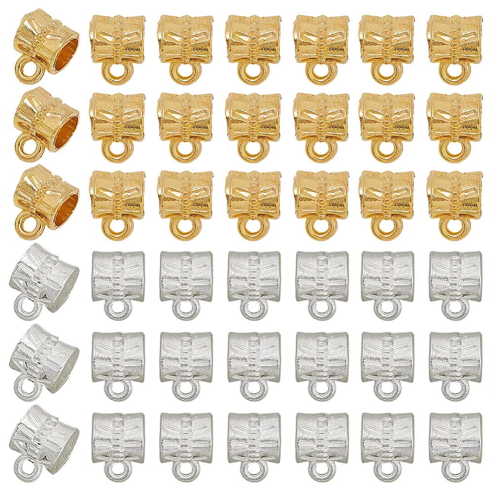 160Pcs Silver Bail Beads Gold Tube Bails Alloy European Textured Column Connector Links Loop Spacer Charm Hanger Bead