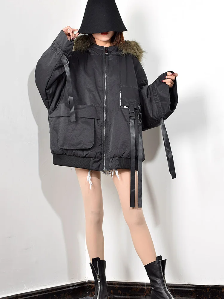 XITAO Korean Style Winter Coat Women  Ribbon Pocket Short Parka Trend Hooded Zipper Tops  Loose Women Clothes XJ3234