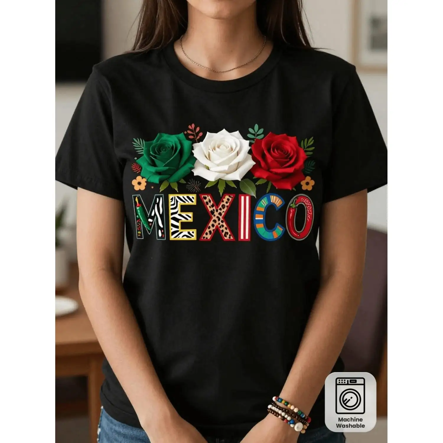 Mexico Theme Creative Pattern Print T Shirt. Women's T-shirts for Spring, Summer and Fall Fashion Casual Style T-shirts Machine-washable for Sports, Everyday and Party Wear Women's Shirts Halloween Costumes Women's Clothing Shirts Women's Autumn