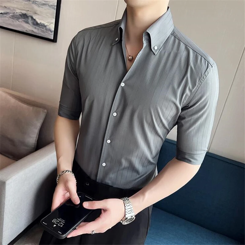 Slim Fit Anti-Rimpel Hoge-Kwaliteit Donker Gestreepte Half Mouwen Shirt Mannen Zomer Smart Casual Zachte Comfortabele Luxe chemise Homme