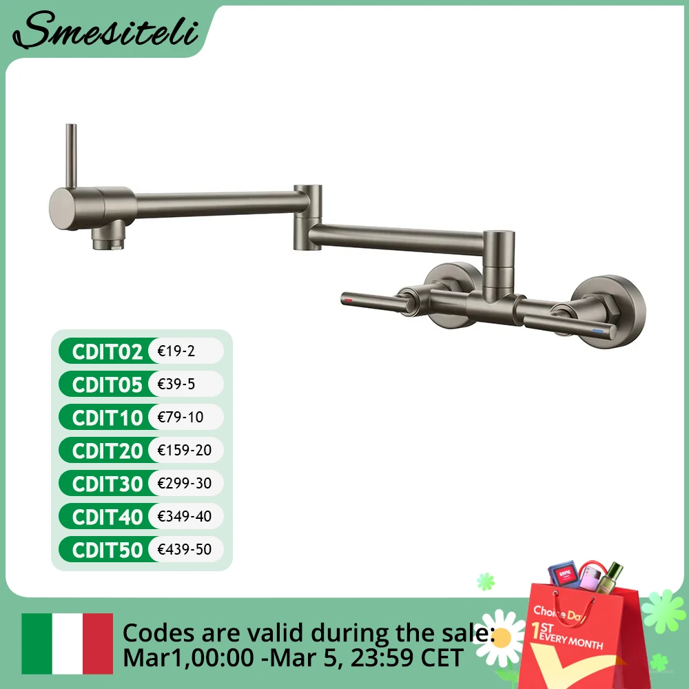 Pot Filler Faucet Wall Mounted Kitchen Mixer Solid Brass Swivel Spout Hot And Cold Water With Dual Handle