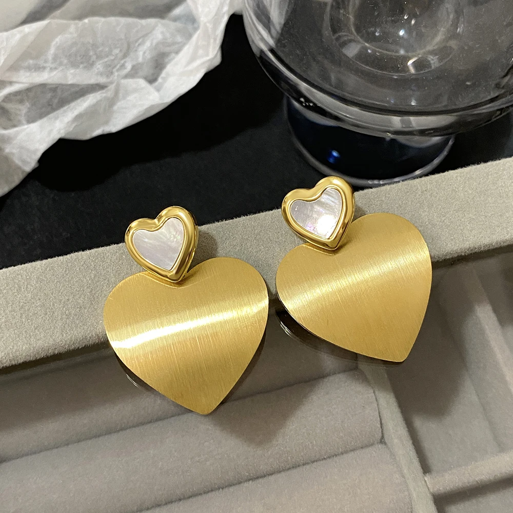 Stainless Steel Double Heart Drop Earrings for Women Simple Gold Plated Inlaid Shell Love Heart Earrings Party Jewelry Gifts