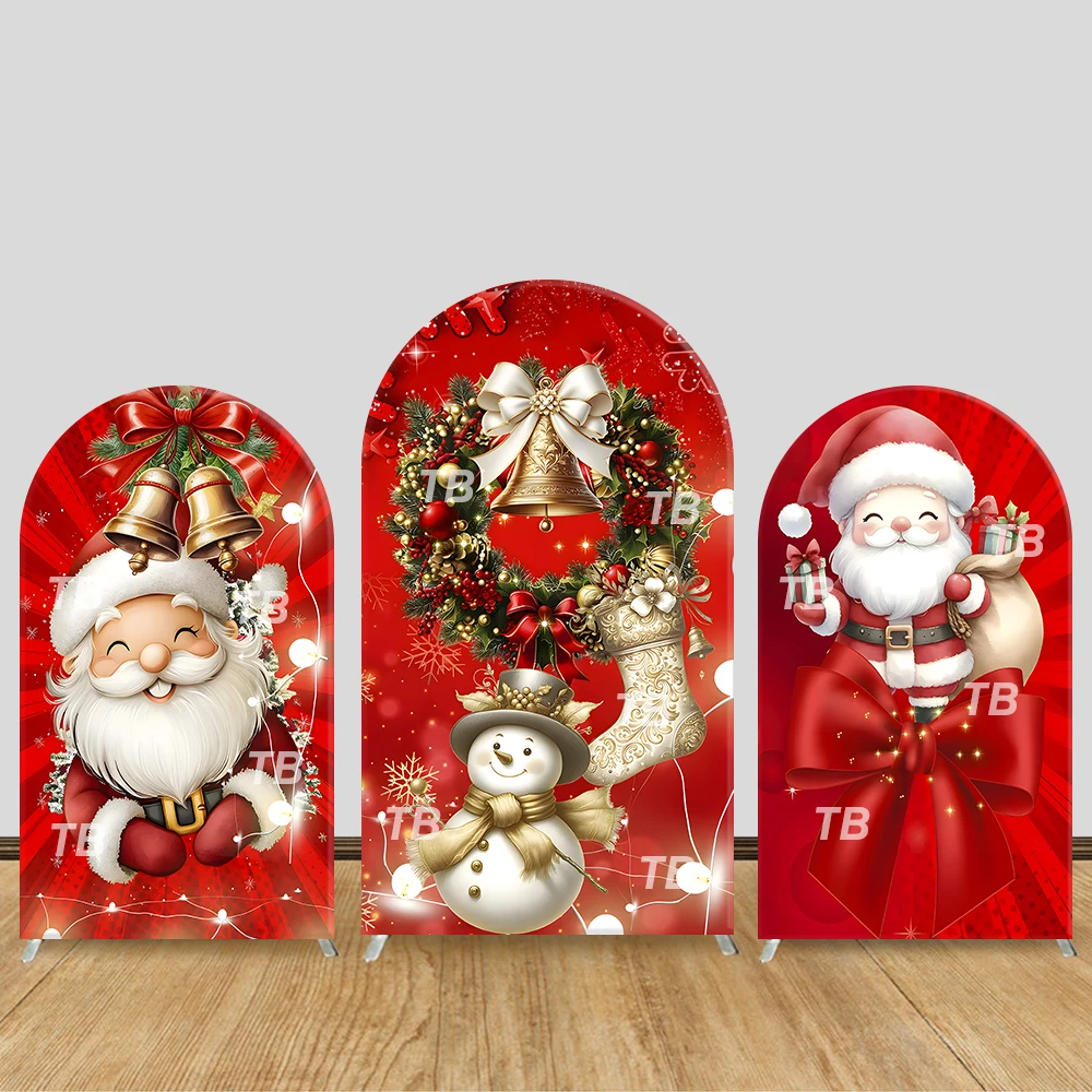 

Red Gold Christmas Snowman Bell Arch Backdrop Cover Wreath Stocking Theme Holiday Party Decor Photo Booth Supplies