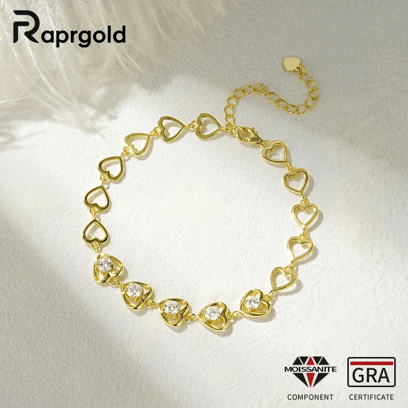 

Браслет RAPRGOLD GRA с сертифицированным муассанитом 4 мм в форме сердца для женщин, цепочка из стерлингового серебра S925, свадебные украшения, подарки