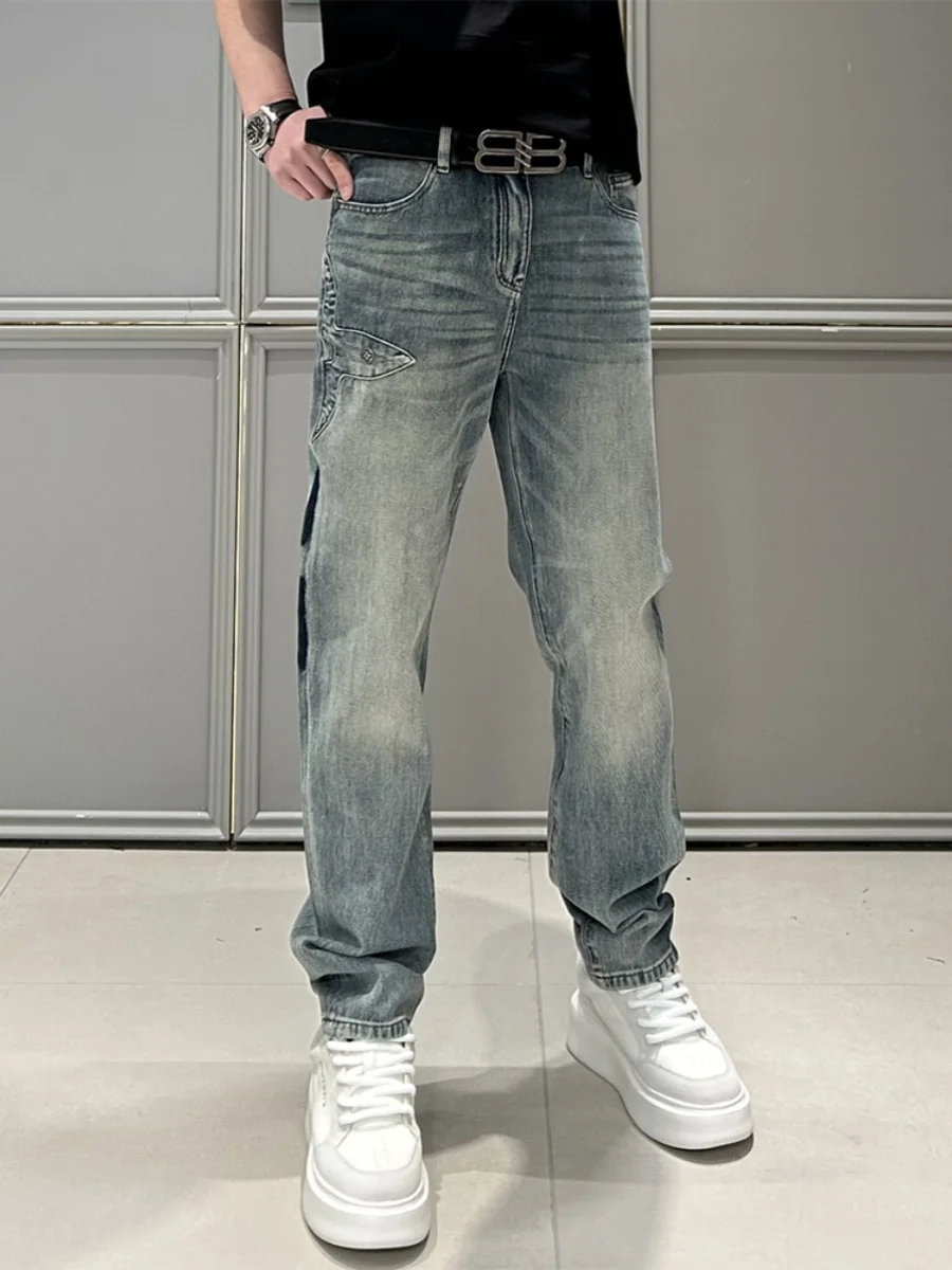 

Autumn New American High Street Printed Color Blo Loose Straight Leg Men's Jeans Casual Wide Leg Pants Faionable All Seasons