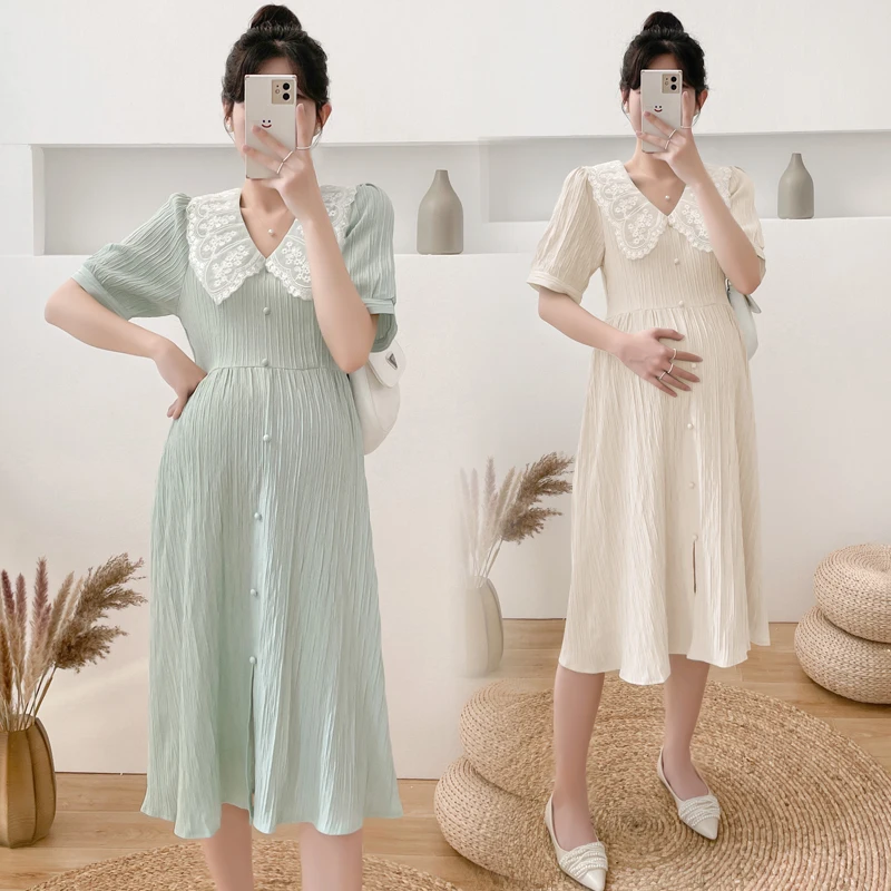 2024 Summer Korean Fashion Maternity Dress Elegant Lace O Neck A Line Loose Clothes for Pregnant Women Pregnancy Clothing