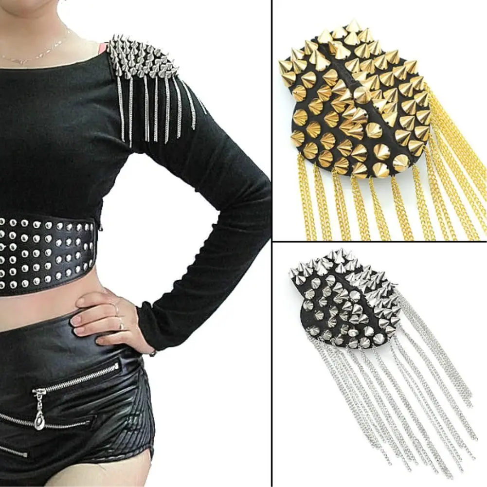 

Клубная вечеринка в стиле панк, украшение для платья ручной работы, металлический эполет с кисточками, плечевой штамп с бахромой, заклепки, брошь на плечо