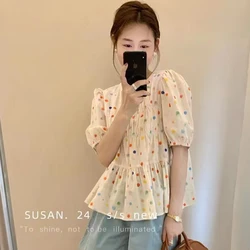 Summer Loose Color Dot Sweet Women Blouse Puff Sleeve O-neck Casual Blouses for Women Fashion Short Sleeve Lady Tops Colthes