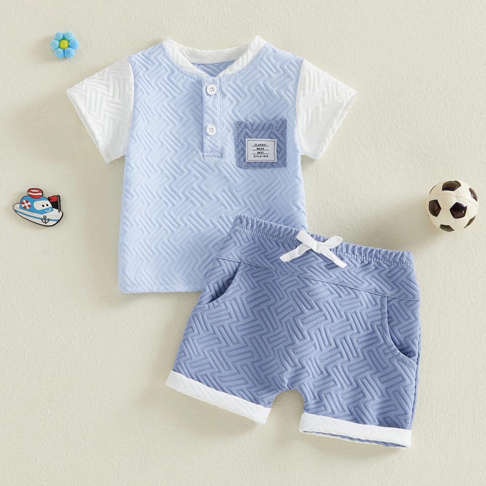 2Pcs Infant Boy Summer Outfits Short Sleeve Crew Neck Contrast Color Tops and Elastic Waist Shorts Set