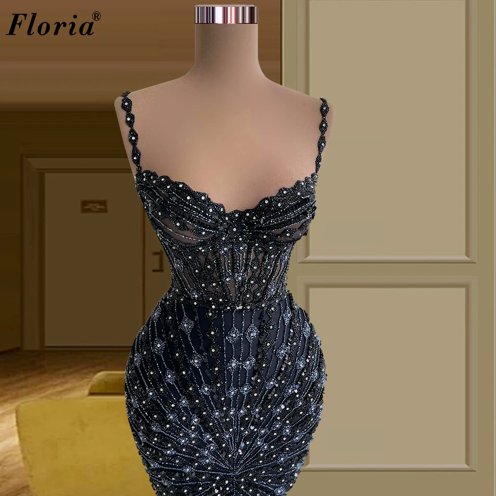 Black Beaded Mermaid Cocktail Dresses Spaghetti Sexy Beach Prom Dresses Handmade Sewing Evening Gowns For Women Abendkleider