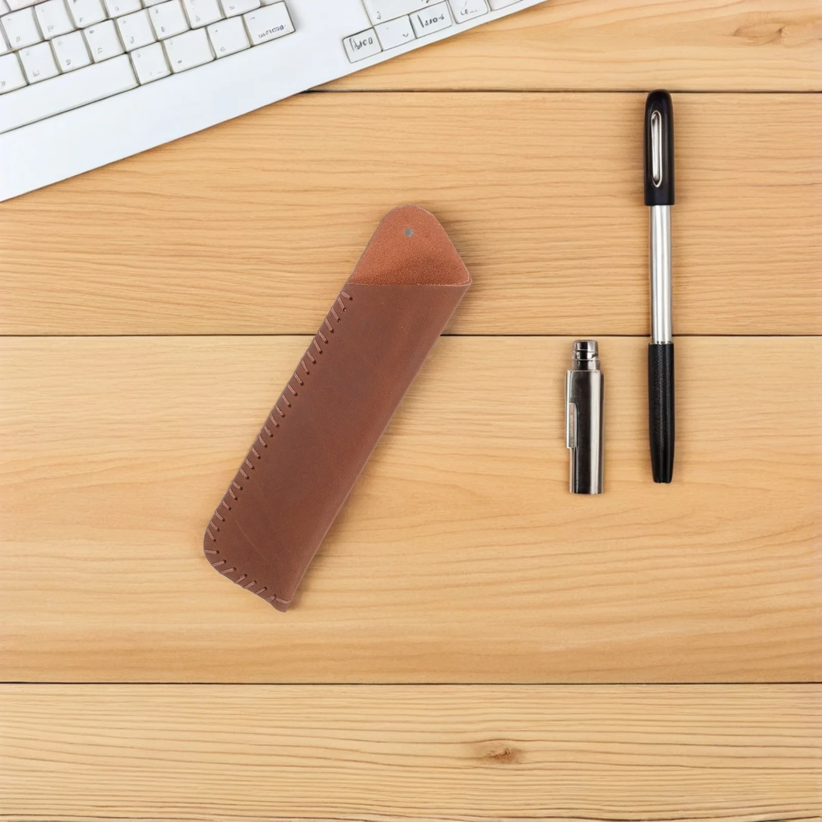 Vintage Cowhide Double Pen Holder Handmade Case for Fountain Pens Carrying Sleeve Protector Dark Brown Pouch