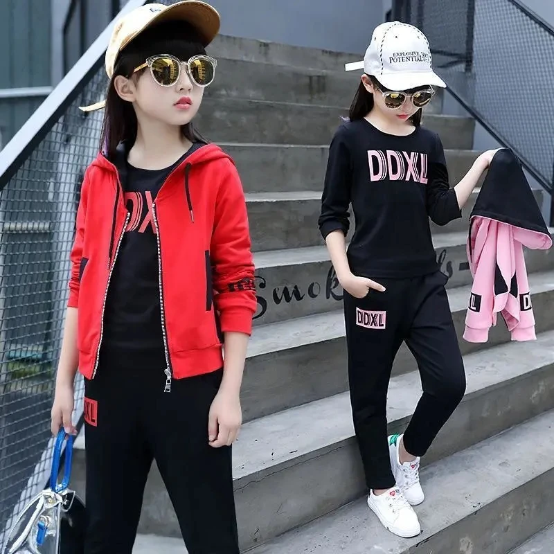 Girl Fashion Outfit 3Pcs Set Spring Autumn Toddler Girls Hooded Sweatshirt+T-shirt+Pants Student Tracksuit Boutique Girl Clothes