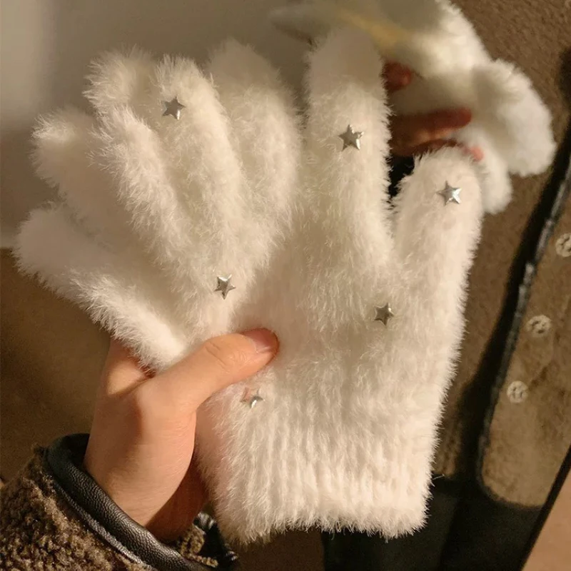 Fashion Winter Heart Mink Velvet Five Finger Gloves Plush Warm Cold-proof Gloves Women Solid Snow Star Wistiti Mittens Gloves