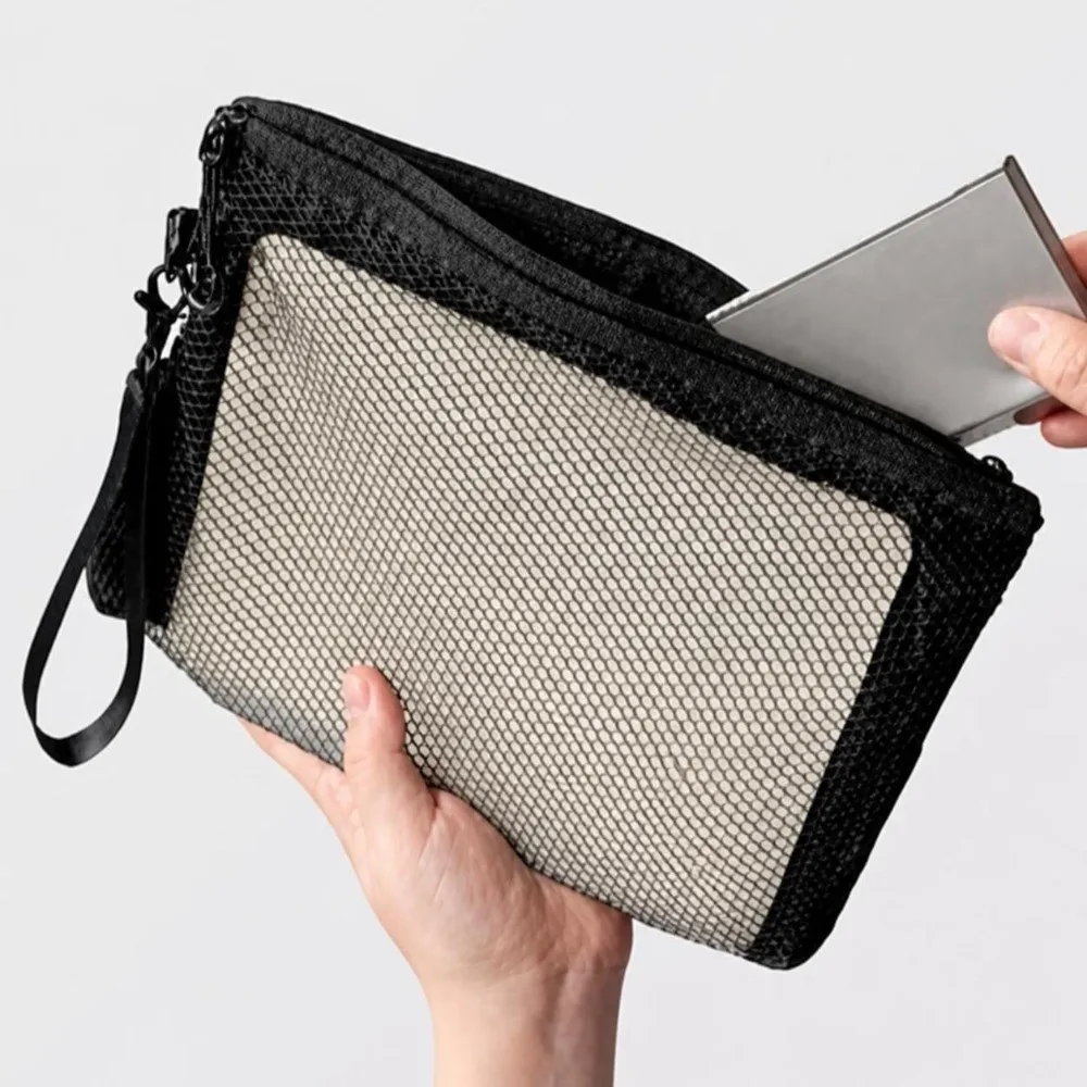 Portable Lightweight Mesh Storage Bag Polyester With Zipper Cosmetic Bag Solid Color Multifunctional Toiletry Bag Makeup Storage