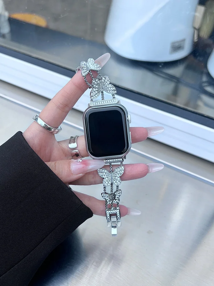 

Compatible with iWatch strap 38mm 40mm 41mm 42mm 44mm 45mm 49mm butterfly diamond metal fashionable handmade strap