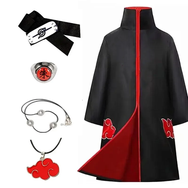 

Anime Cosplay Cloak Costume Cartoon Red Cloud Pattern Japanese Game Cloak Standing Collar Jacket Ring Headband Pendant Set
