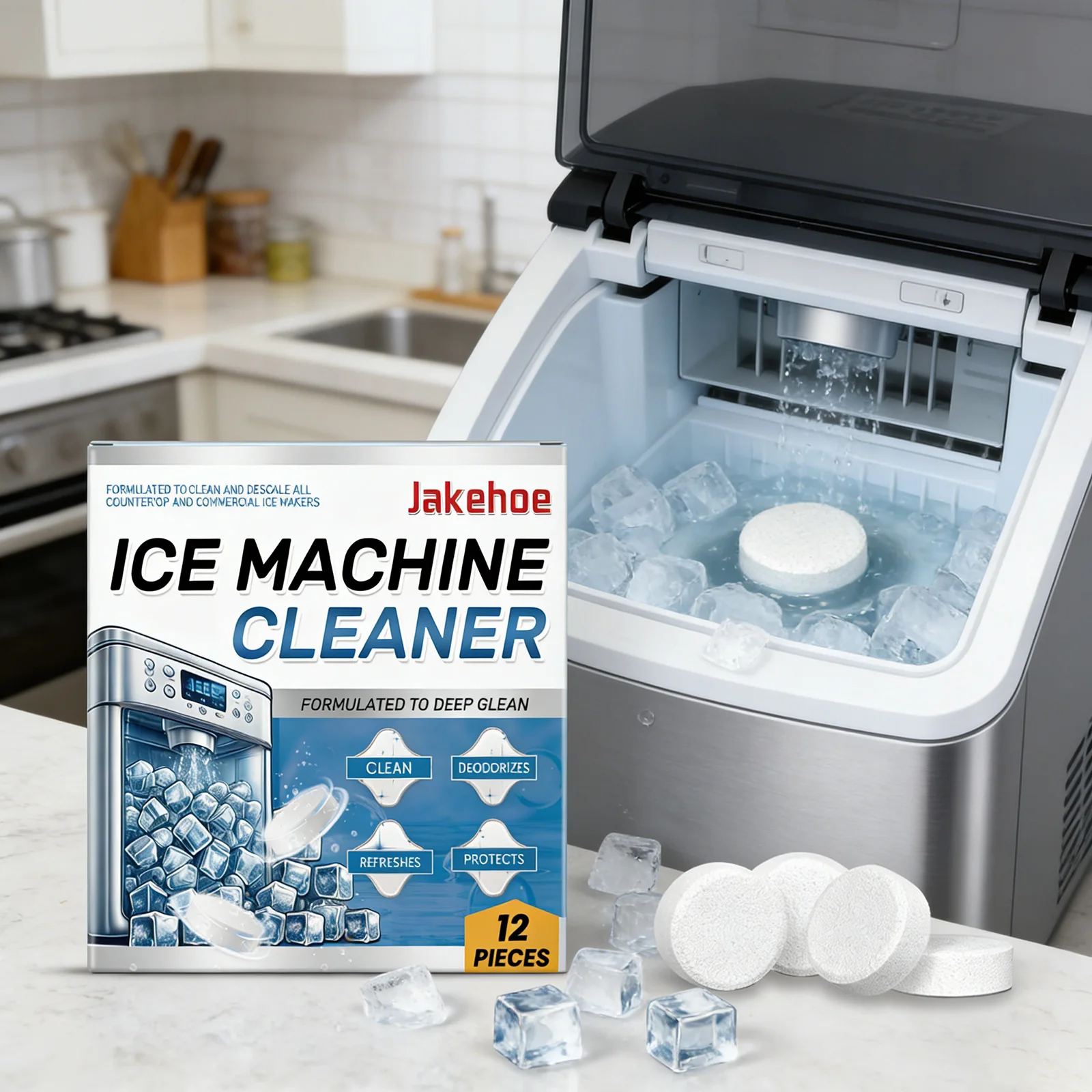 Ice Machine Cleaner Tablets 12 Pack – Descaling & Deodorizing Deep Clean Tablets，Prolongs Ice Maker Lifespan, for Home Use