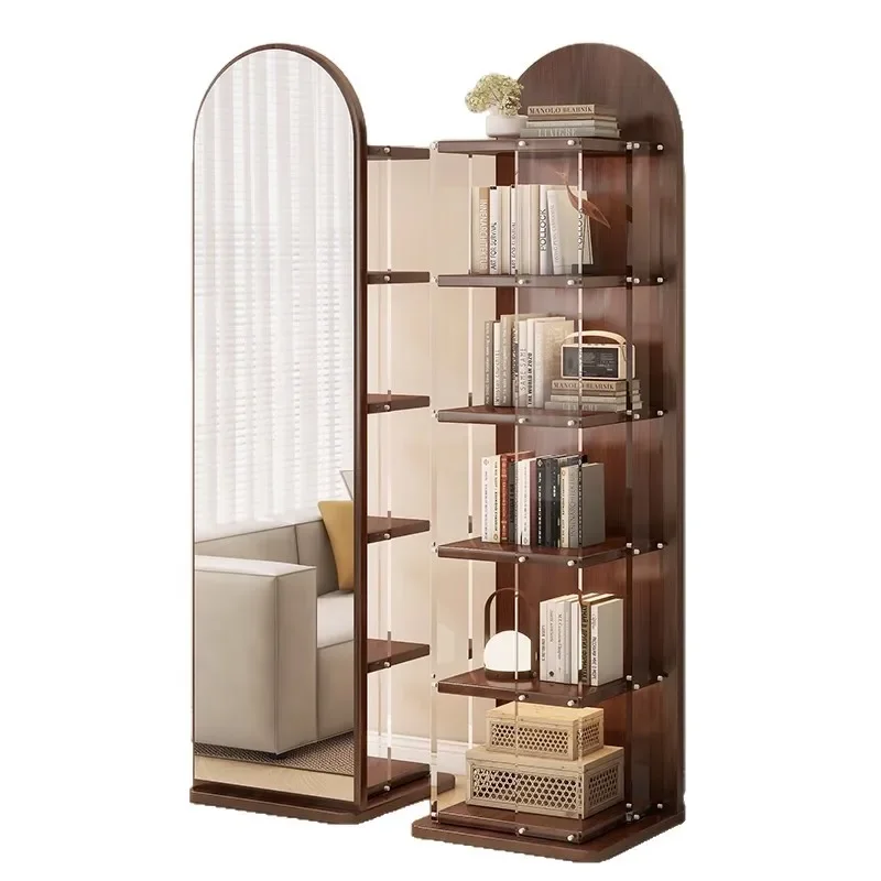 Solid wood full-body mirror floor mirror household bedroom rotatable large fitting with bookshelf integrated full-length