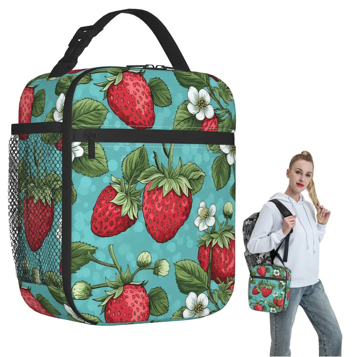 Beautiful Highly Stylized Strawberry With Flowers Pattern Insulated Lunch Bag Kids Leakproof Food Boxes Thermal Lunch Box Tote