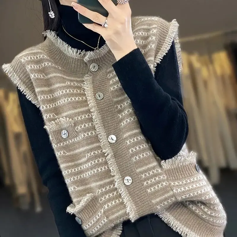 Spring Autumn Women Clothing Tassel Sweater Vest Coat O-Neck Contrast Color Korean Fashion Casual Loose Sleeveless Cardigan Tops