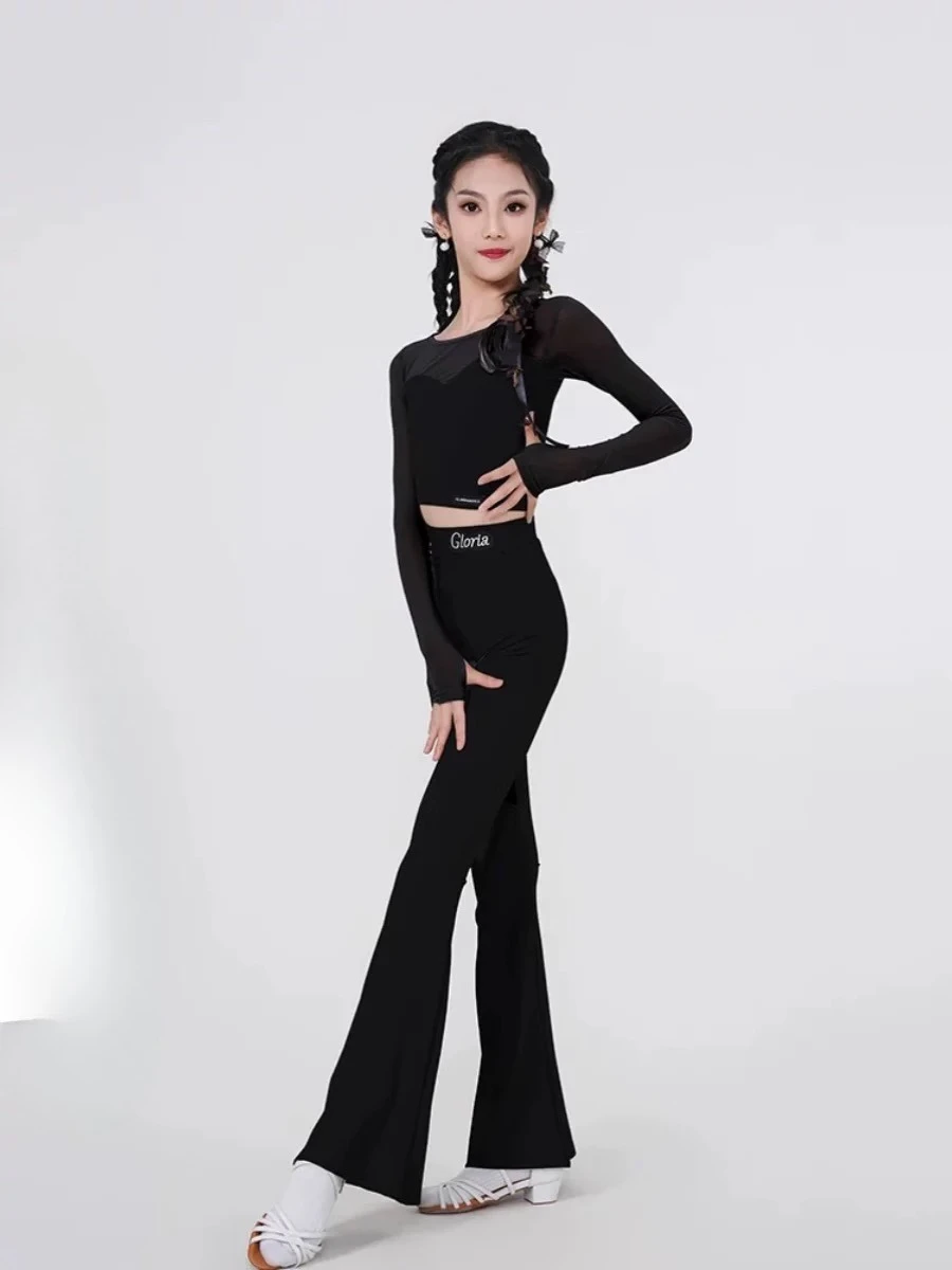 

Новый стиль женской сетчатой тюлешницы и расклешенных брюк для латиноамериканских танцев и комплекта тренировочной одежды для детского латинского выступления.