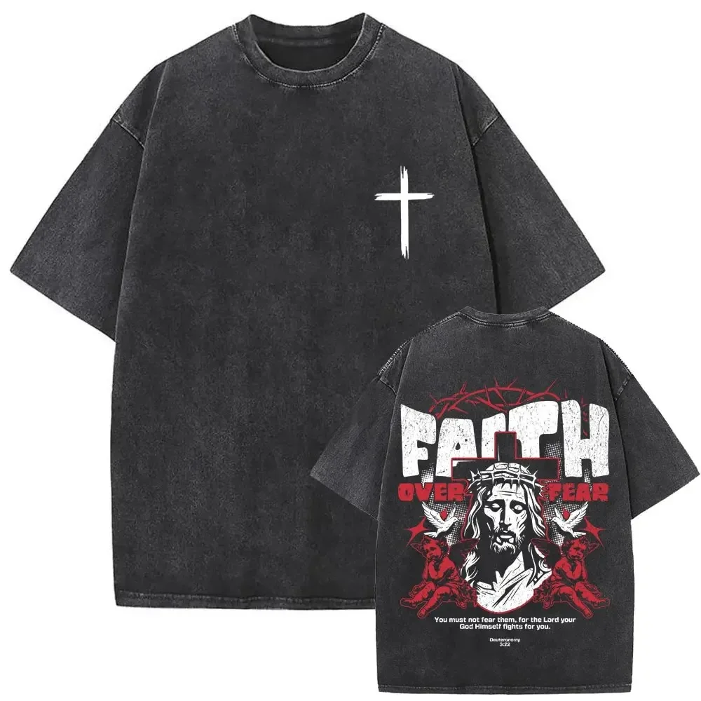 Christian Religious Jesus Forgive Them Father Vintage Washed T-shirt Men Women Gothic Rock Oversized T Shirts Tops Streetwear