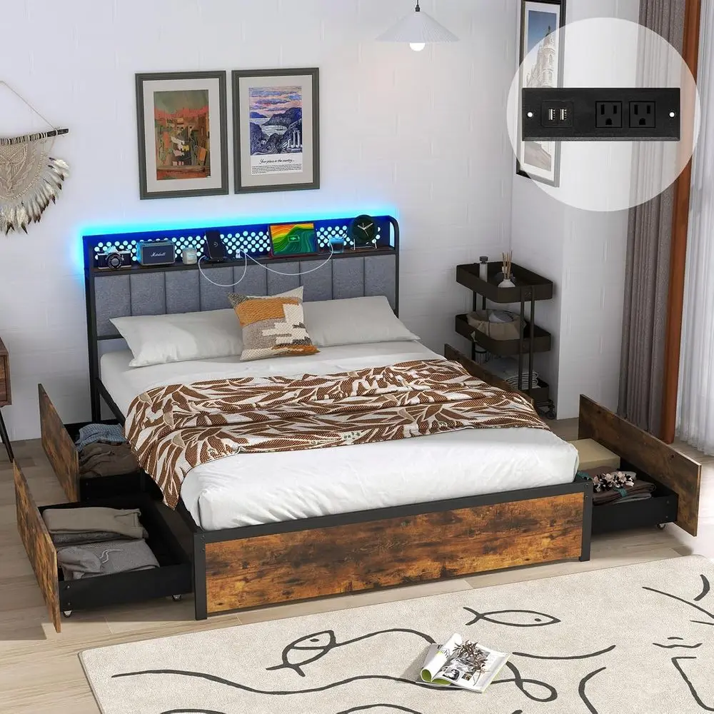 

Rustic Brown LED Bed Frame with Charging, Storage Drawers, Upholstered Headboard, Noise-Free, No Box Spring Required