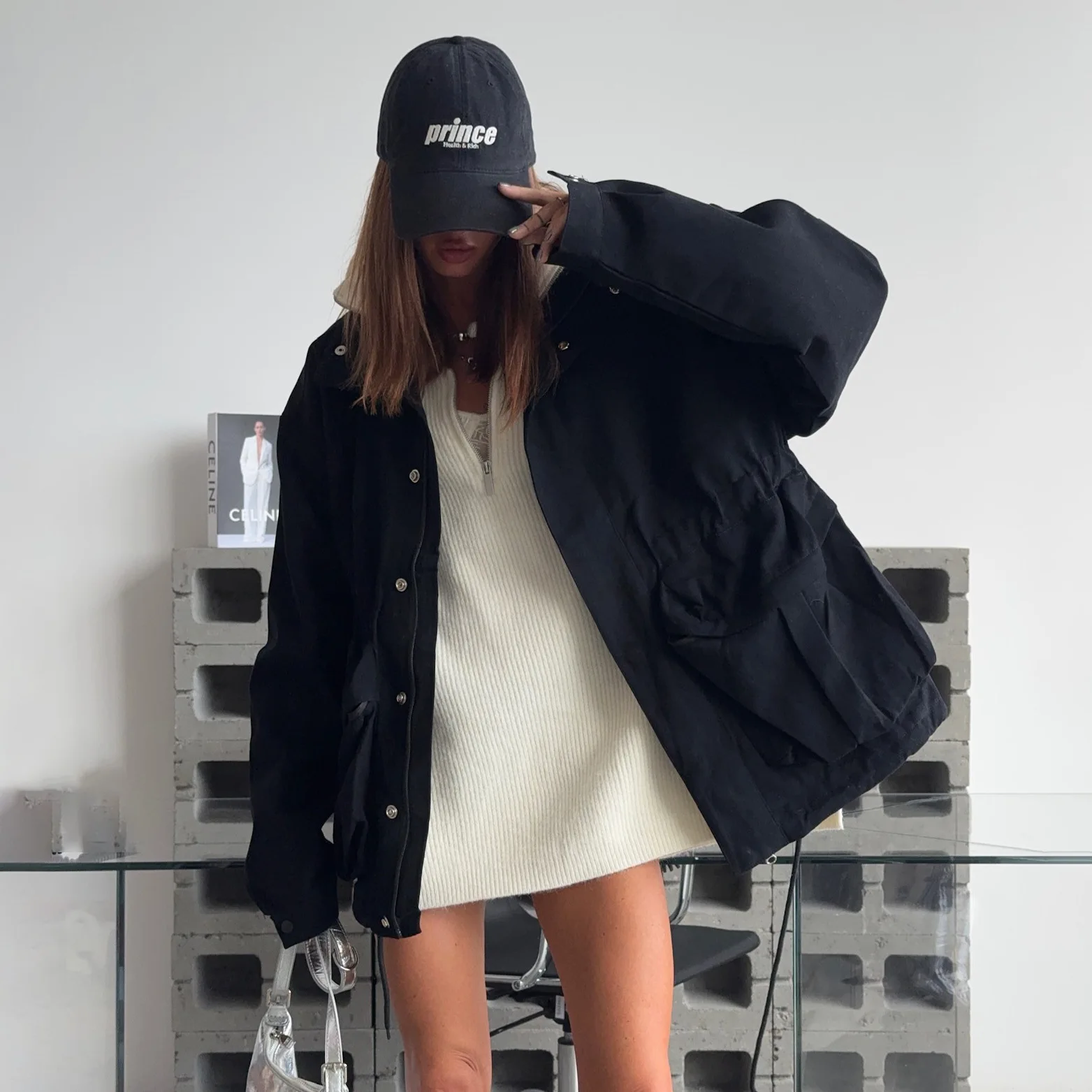 

Women's Vintage Oversized Cargo Jacket, Drawstring Waist Hooded Utility Coat, Casual Streetwear