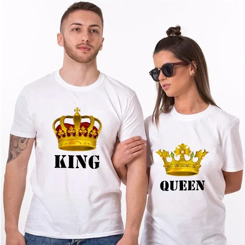 Crown Print Couple T Shirt Summer Casual O Neck Lovers Short Sleeve Fashion Woman Man Tee Shirt Tops Lovers Clothes cotton