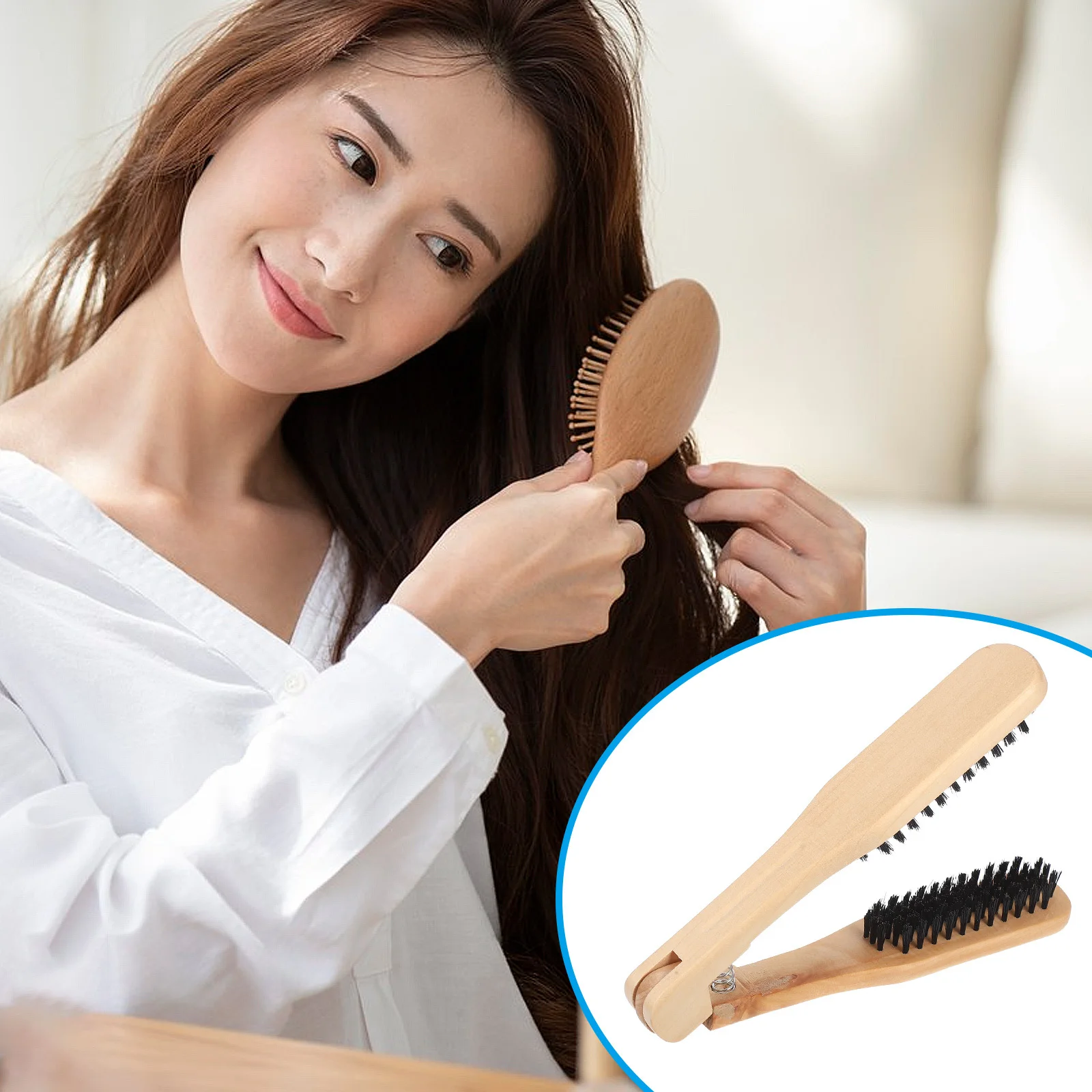 

V-Shaped Wooden Handle Hair Straightener Comb Anti-Static Bristle Brush for Rapid Blow Drying Women Smooth Styling