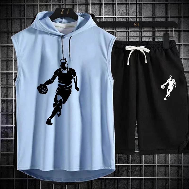 2024 Summer Men\'s Two Piece Set CasualT-Shirt and Shorts Set Mens Sports Suit Fashion Short Sleeve Tracksuit Hooded T-shirt