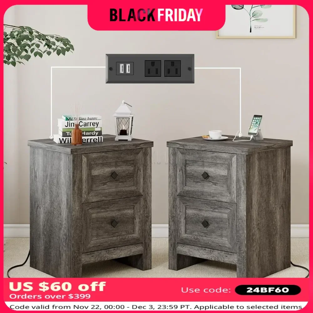 Nightstand Set of 2 with Charging Station & 2 Drawers Storage Cabinet Rustic Wood Sofa Side Table