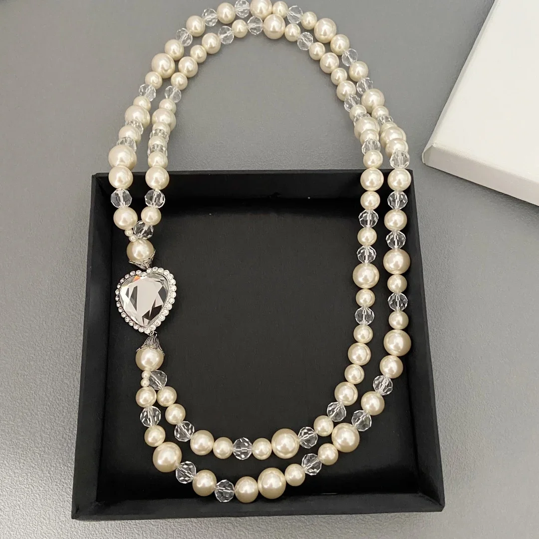 

Top Quality Heart Crystal Pearl Double Deck Necklace Sweater Chain Women Designer Jewelry Brand Trendy