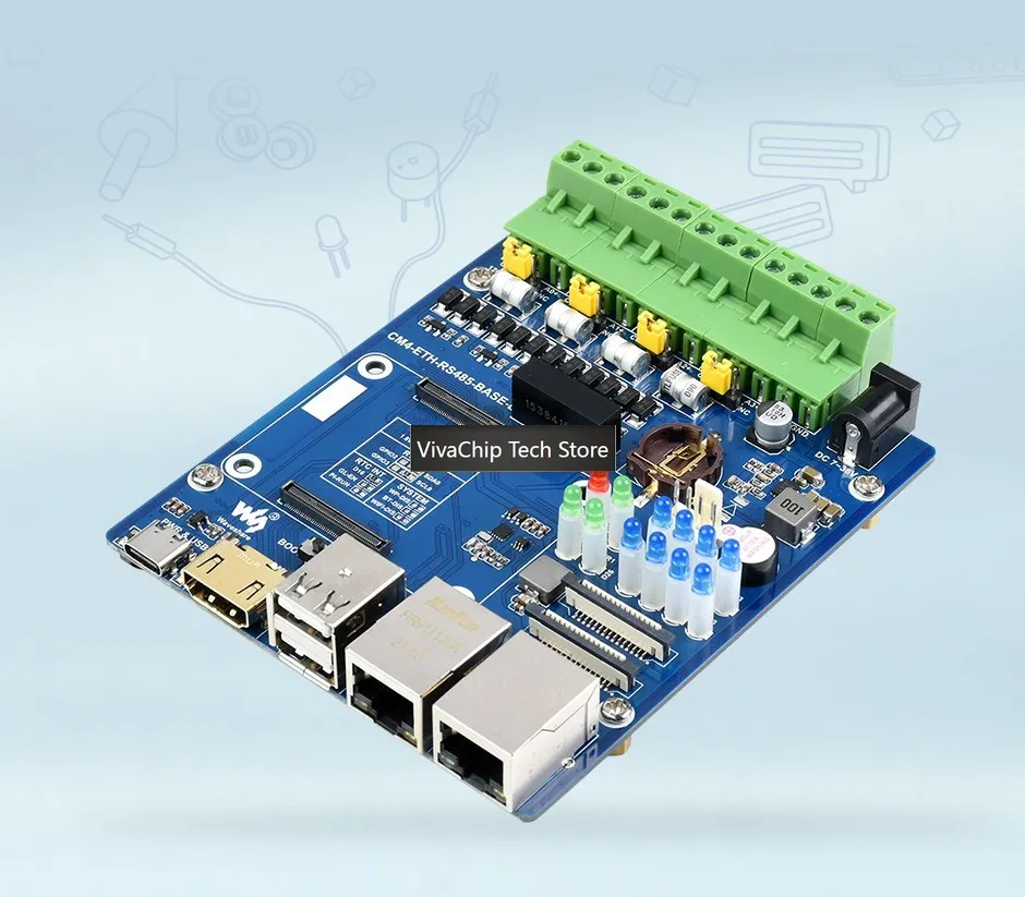 VivaCTRS485 Base Board (B) For Raspberry Pi Compute Module 4, Gigabit Ethernet, 4CH Isolated RS485