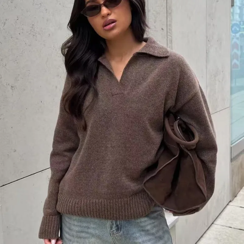 POLO Lapel Sweater for Women, Loose and Casual, Fashionable New Knitted Women's Top for Autumn Winter, Elegant and Stylish Coat.