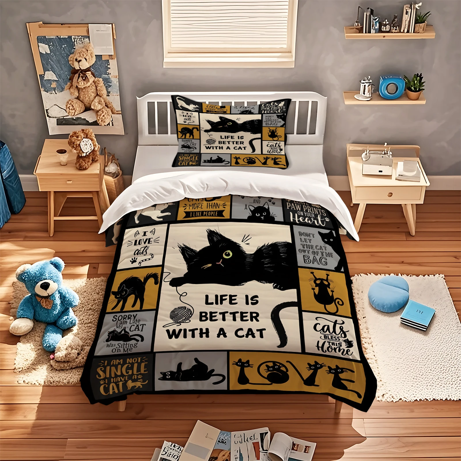 Black Cat Patchwork Duvet Cover Set Life Is Better With A Cat Bedding Set Polyester Quilt Cover With Pillowcase Cute Pet Cat
